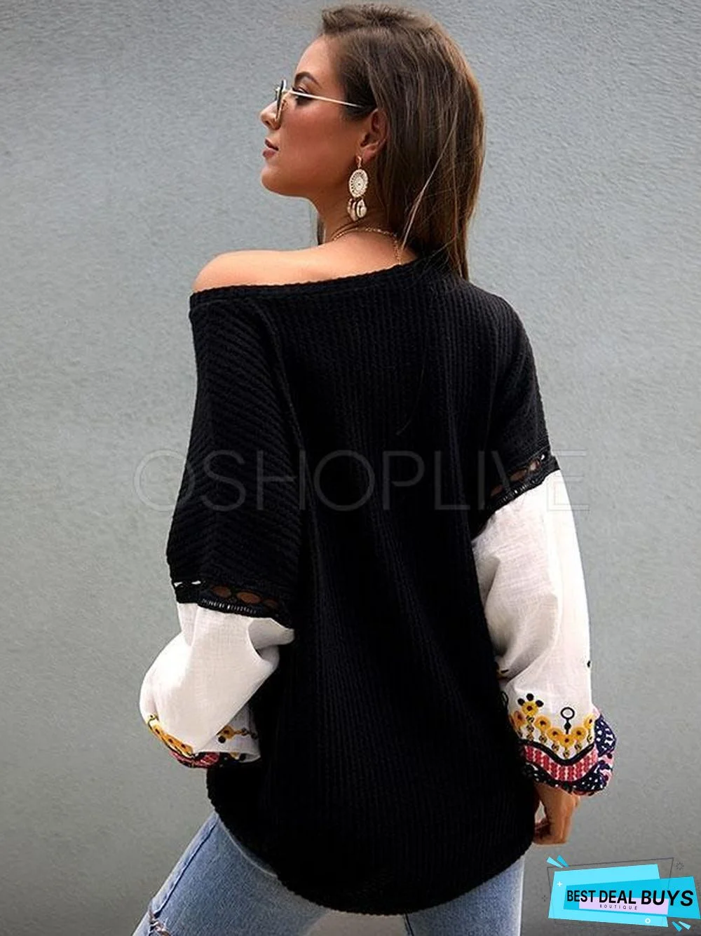 Loose Stitching Embroidered Sleeve Sweater