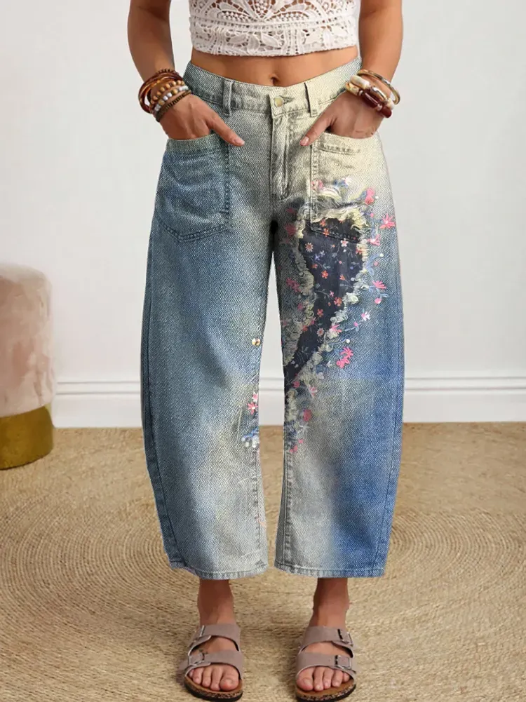 Women's Patchwork Vintage Textured Artistic Print Casual Washed Cotton Denim Jeans