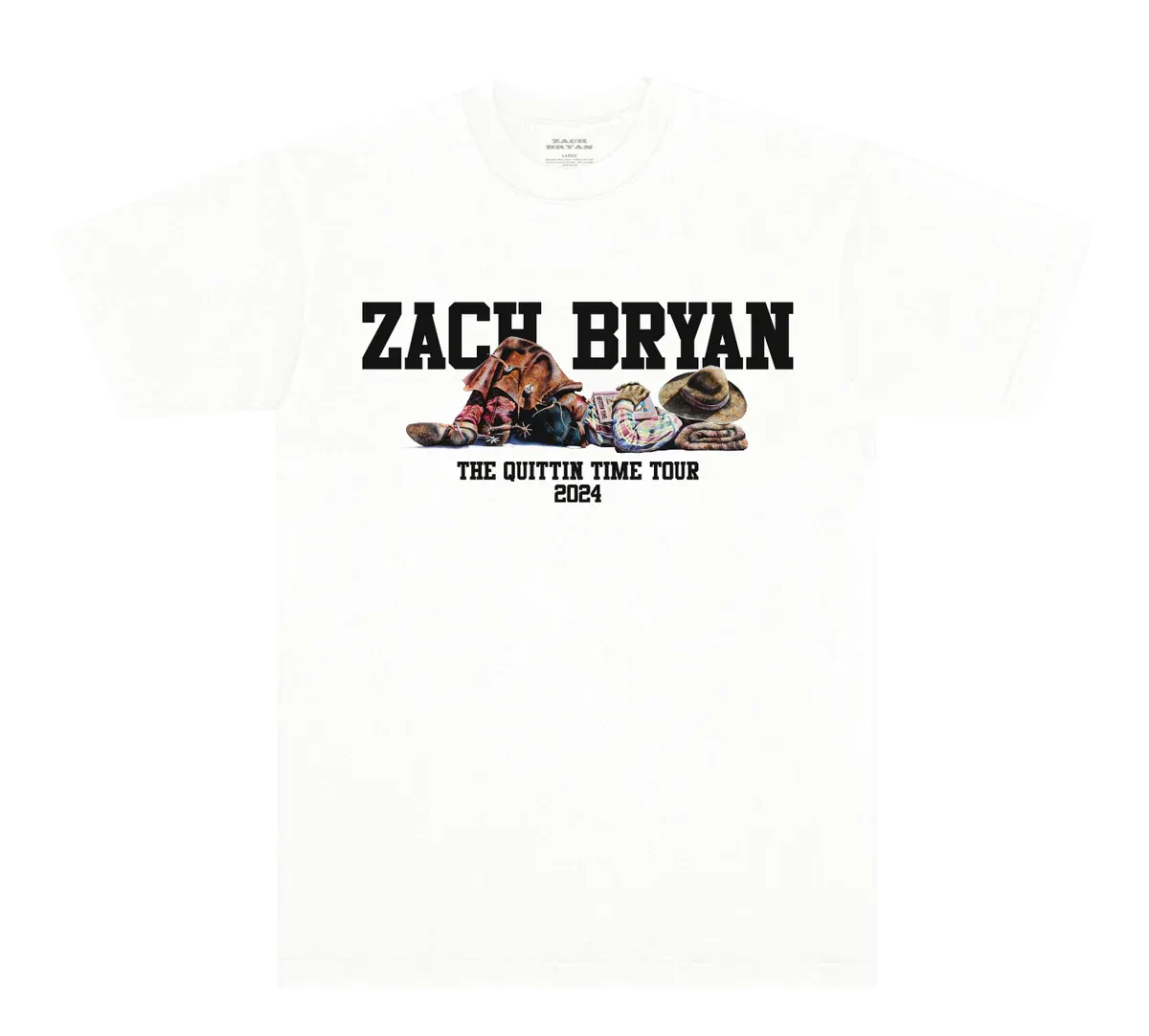 "zach bryan quittin time tour 2024 t shirt white front graphic"
