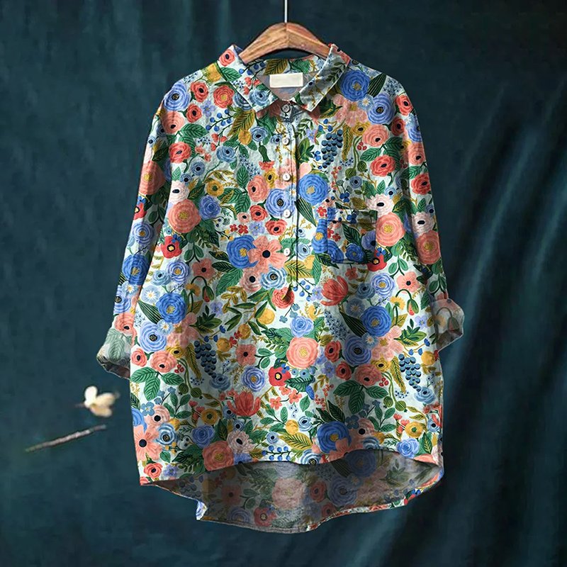 Comstylish Women's Floral Art Print Casual Cotton And Linen Shirt