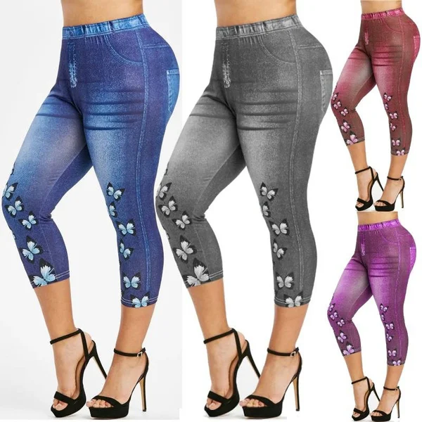 New Summer Women Fashion Butterfly Printed Jeggings for Lady High Waist Plus Size Capri Pants Faux Denim Leggings Shorts Pantacourt Femme