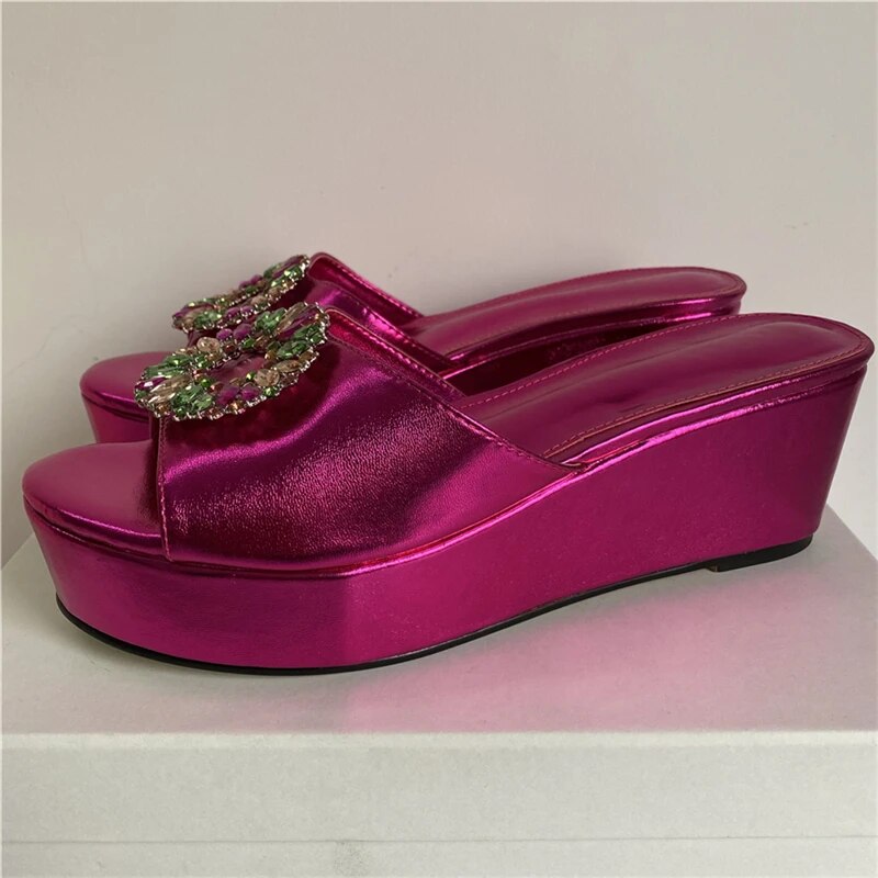Colorful Rhinestone Embellished Buckle Sandals Women High Platform Wedges Slingbacks Open Toe Slim Mules