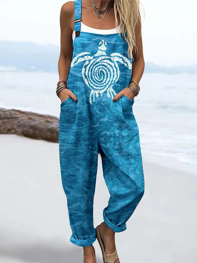 Wome'S Holiday Style Artistic Geometric Turtle  Pattern Print Casual Cotton Wide Leg Jumpsuit