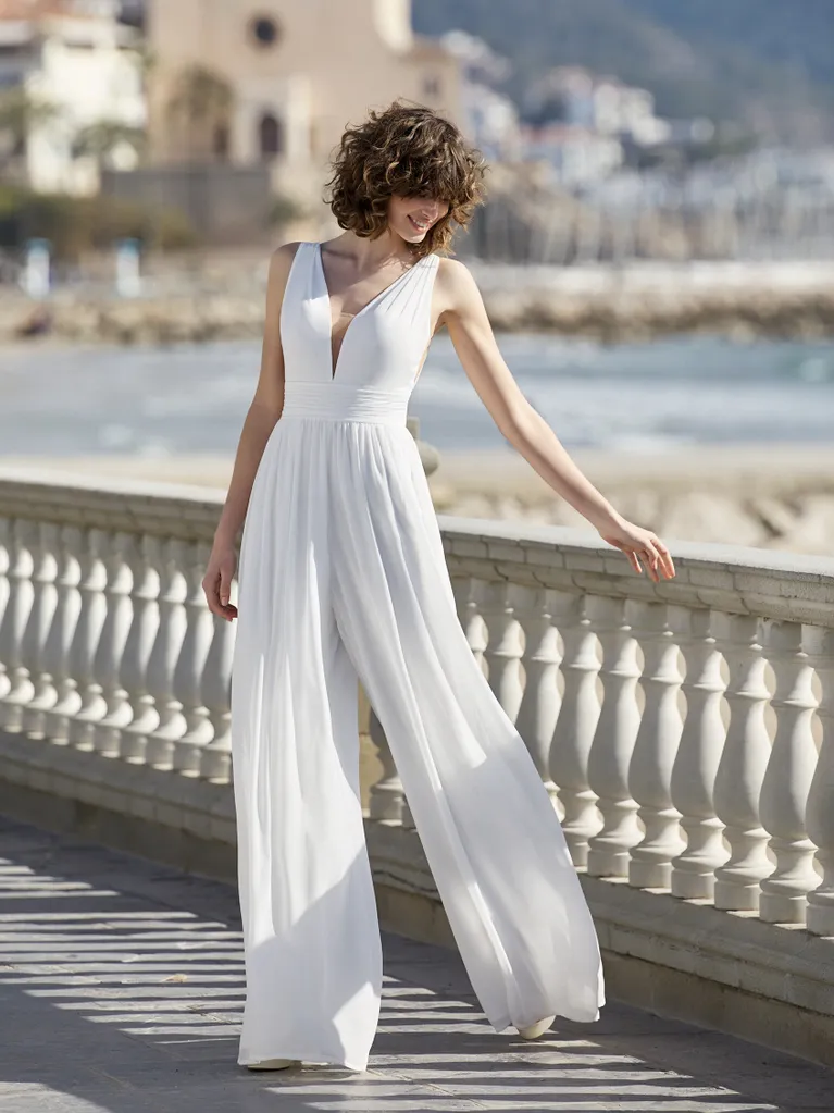 Bridal Jumpsuit Polyester Floor-Length Jumpsuit V-Neck Sleeveless Natural Waist Ivory |Risias