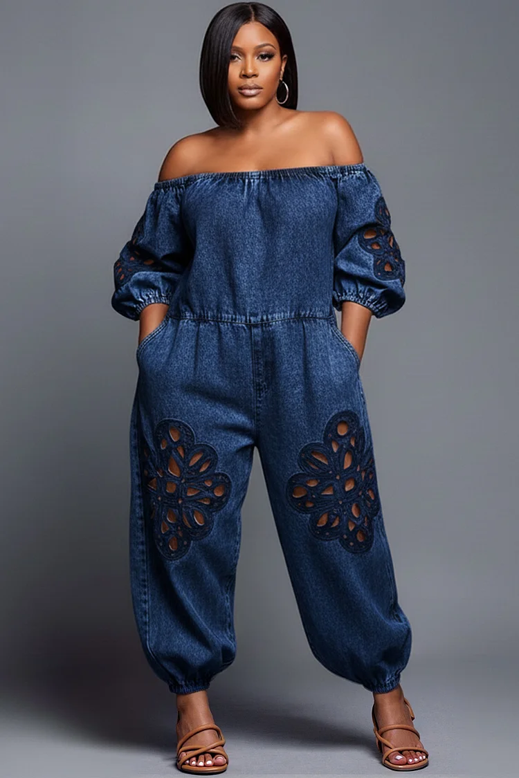 Xpluswear Design Plus Size Vacation White Off The Shoulder Half Sleeve Cut Out Pocket Denim Jumpsuits [Pre-Order] 2024 - Xpluswear