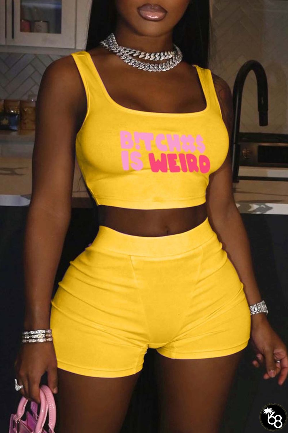 Yellow Casual Letter Print Basic U Neck Sleeveless Two Pieces | 168DEAL