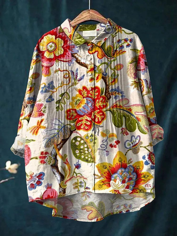 Women's Colorful Flowers Print Casual Cotton And Linen Ruffle Shirt