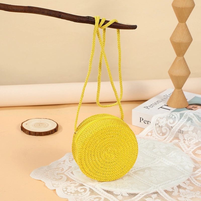 Girl’S Straw Solid Color Cute Round Zipper Shoulder Bag