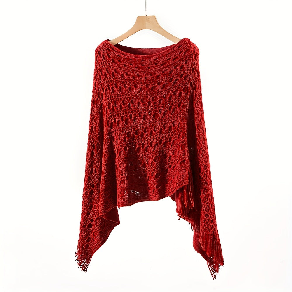 Knit Hollow Out Pullover Poncho Solid Color Tassel Double-layer Outside Wrap Shawl Stylish
