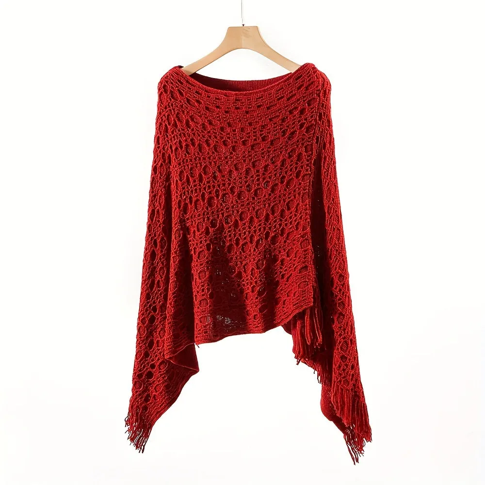Knit Hollow Out Pullover Poncho Solid Color Tassel Double-layer Outside Wrap Shawl Stylish