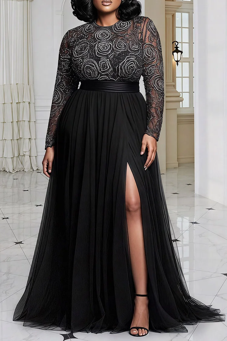 Xpluswear Design Plus Size Formal Tulle Black Round Neck Long Sleeve Split Elegant See Through Lace Maxi Dresses [Pre-Order]