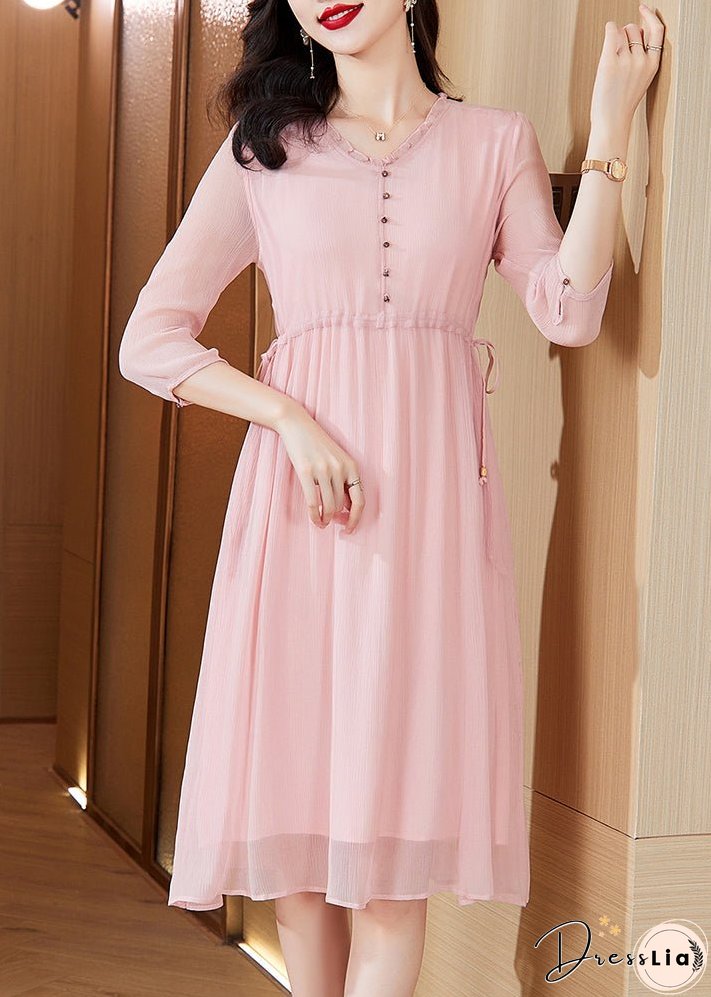 Style Pink V Neck Drawstring Chiffon Mid Dresses Summer