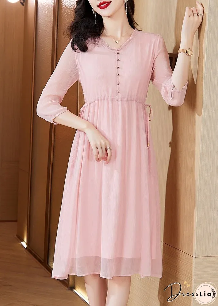 Style Pink V Neck Drawstring Chiffon Mid Dresses Summer
