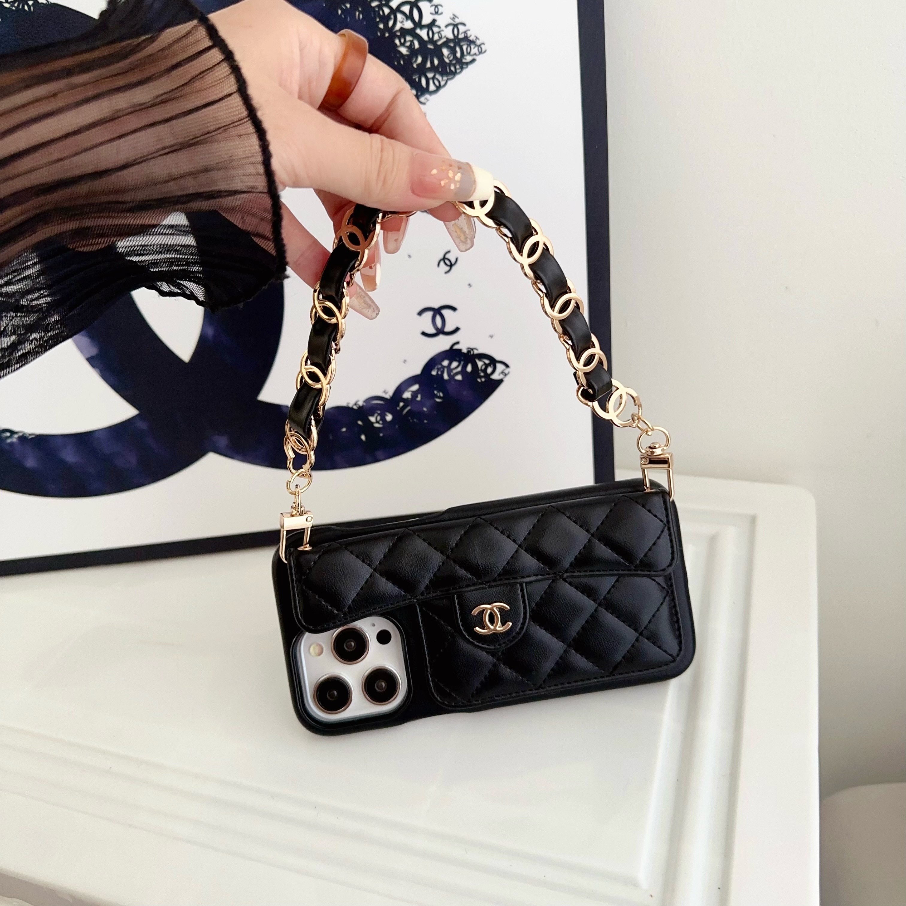 Chanel Official Hand Chain Cardholder Leather iPhone Case Crossbody Cord
