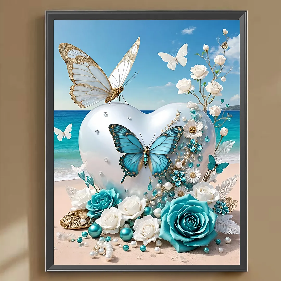 Beach Butterfly Full DIY 5D Round Drill Gem Art Diamond Painting Kits 11.81x15.75 in Diamond Dots Paintings Picture Arts Craft Diamond Art Kits for Adults/Beginners Gift Idea Home Decor