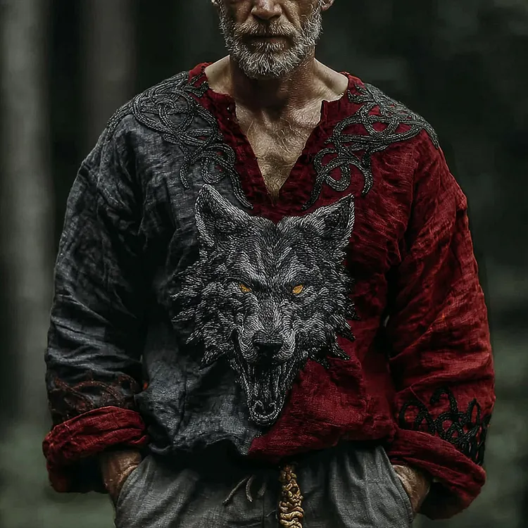 Men's Retro Viking Celtic Wolf Appliqu&Eacute; Casual Linen Shirt