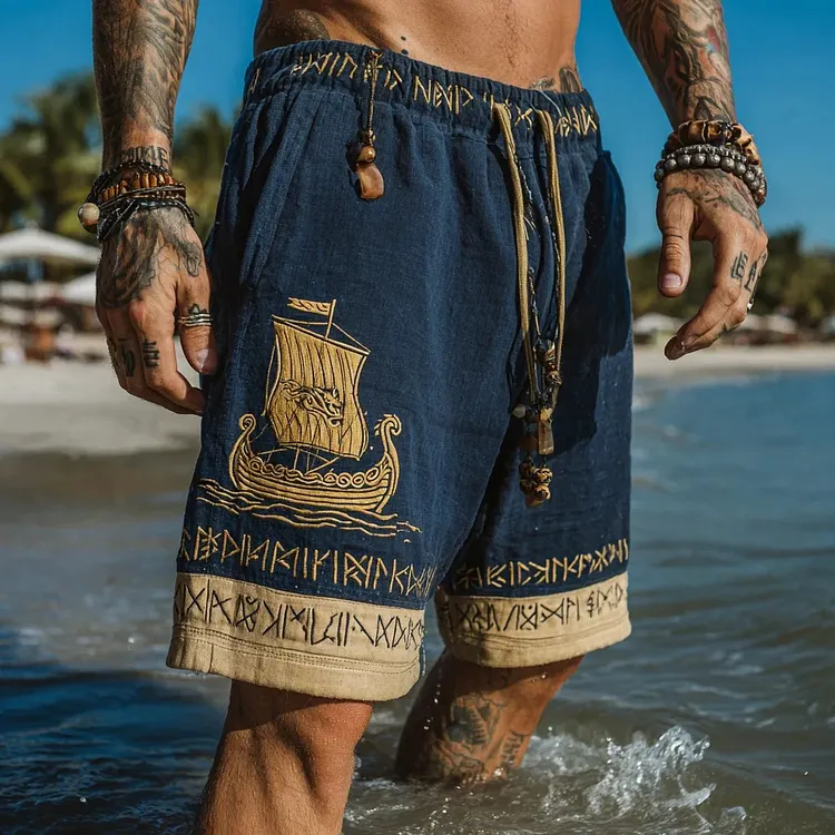 Men's Retro Viking Rune And Sail Art Pattern Casual Shorts