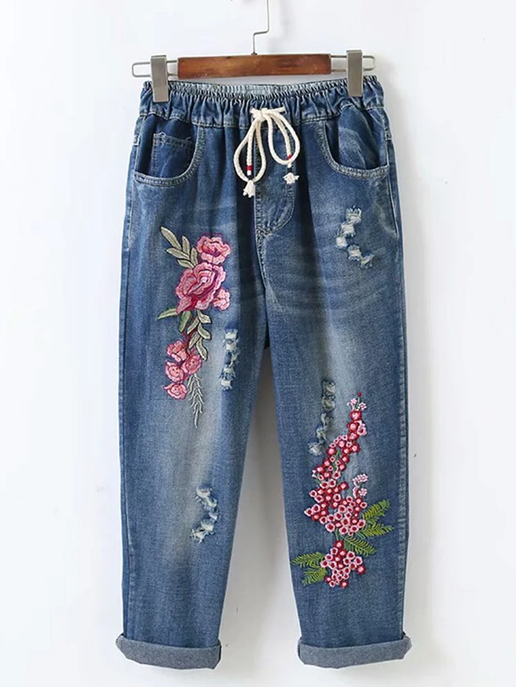 Denim Floral Embroidery Drawstring Pocket Ripped Jeans