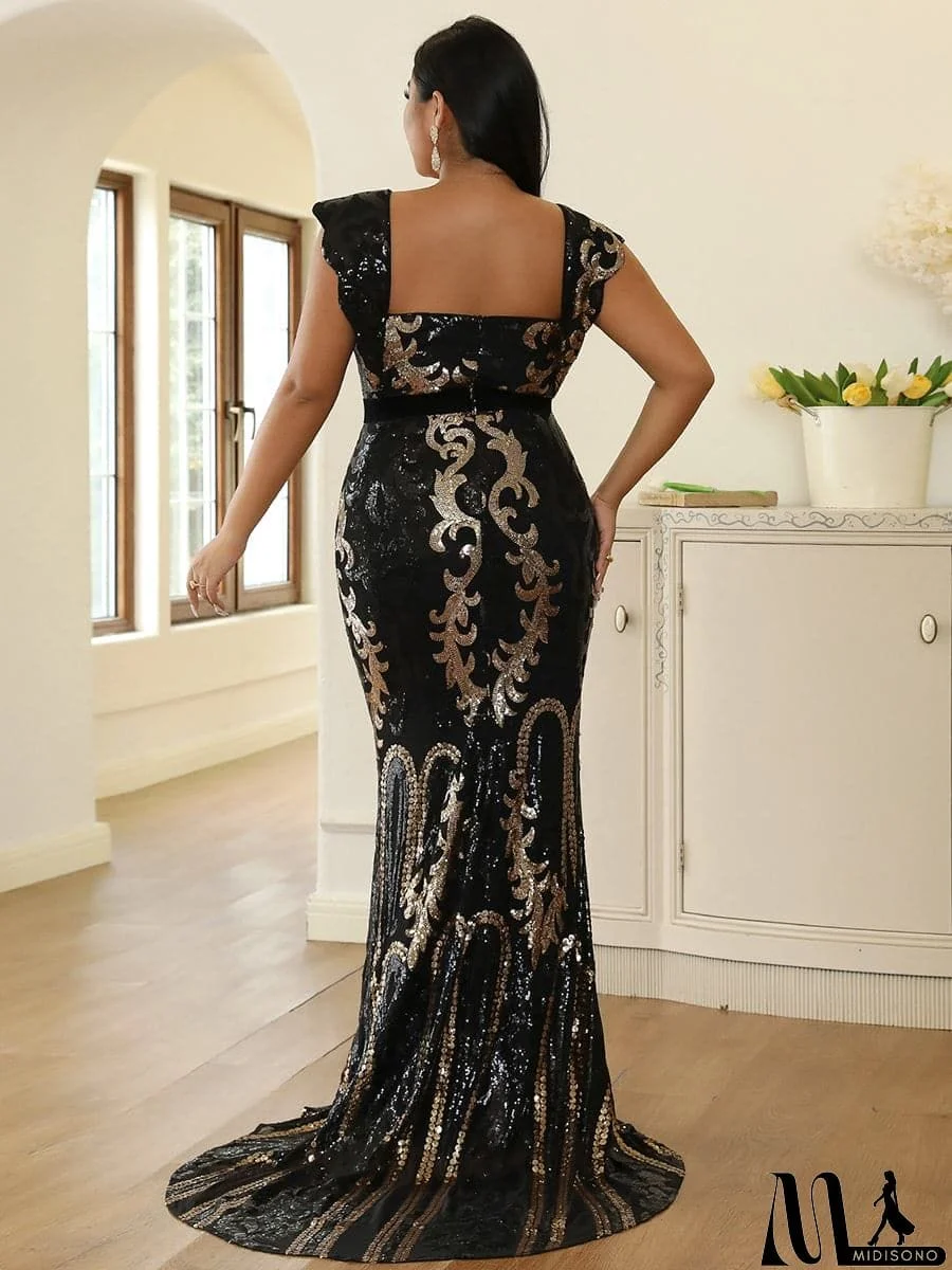 MidiSono - Plus Size Square Neck Sequins Evening Dress PJMY1061