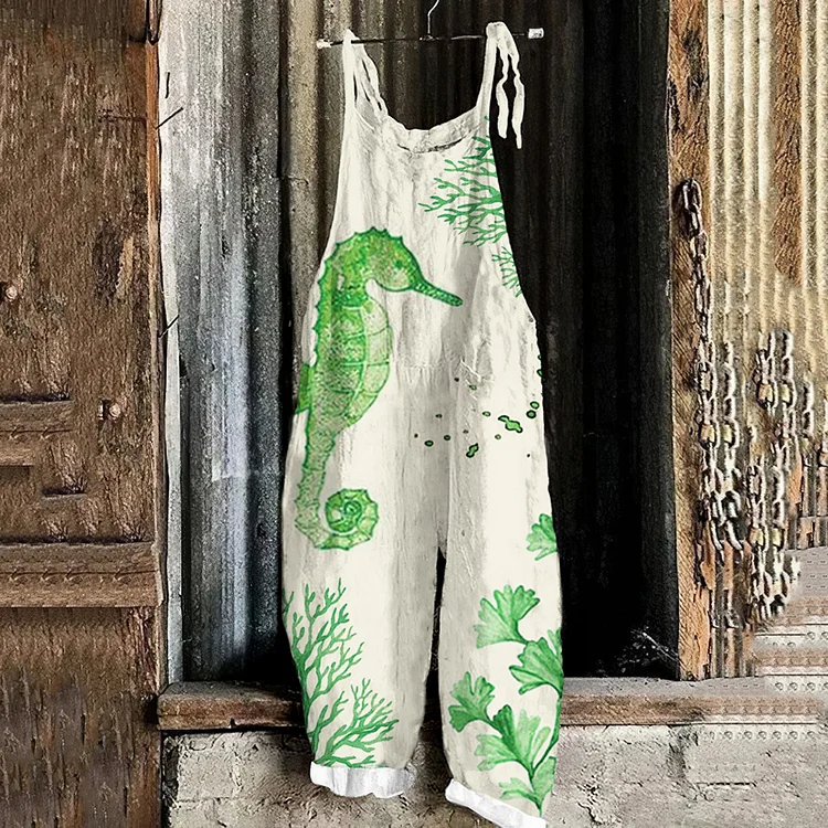 Vintage Seahorse Print Casual Art Linen Loose Casual Jumpsuit