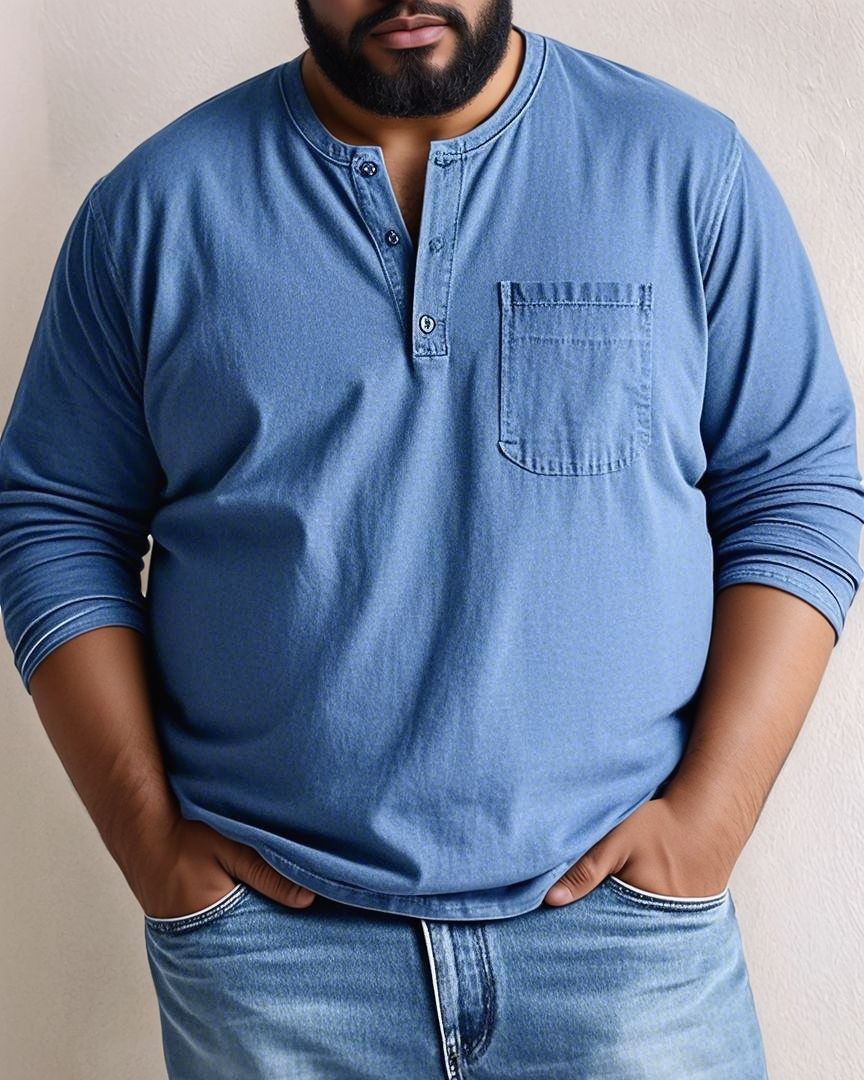 Men's Plus Size Solid Henley Pocket Long Sleeve T-Shirt