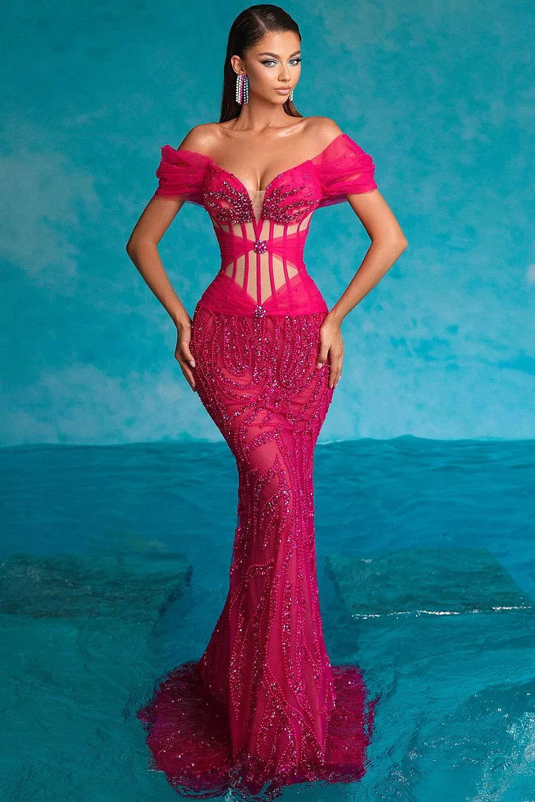 Off Shoulder Organza Beaded Sequin Maxi Dress-Rose Red