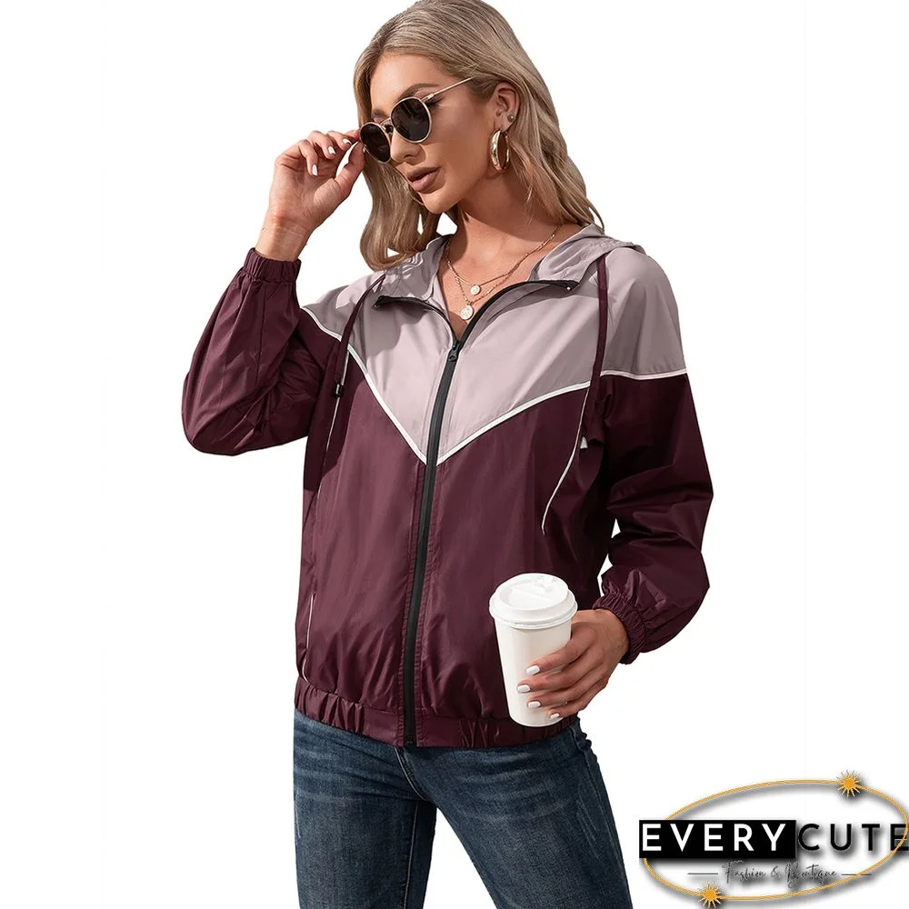 Wine Red Contrast Outdoor Rainproof Hooded Jacket