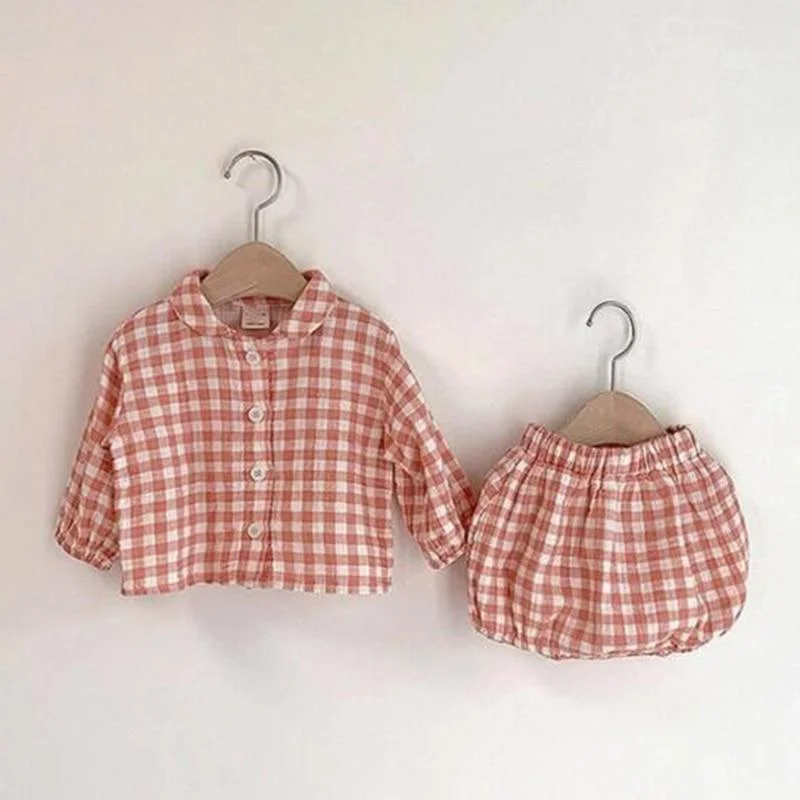 2021 Baby Clothing Plaid Full Sleeve Shirt and Bloomer 2pcs Boys Clothes Set Fashion Toddler Girls Set