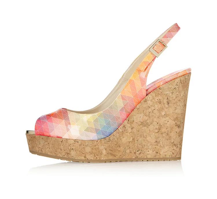 Peep Toe Pink Ribbon Detail Cork Wedges