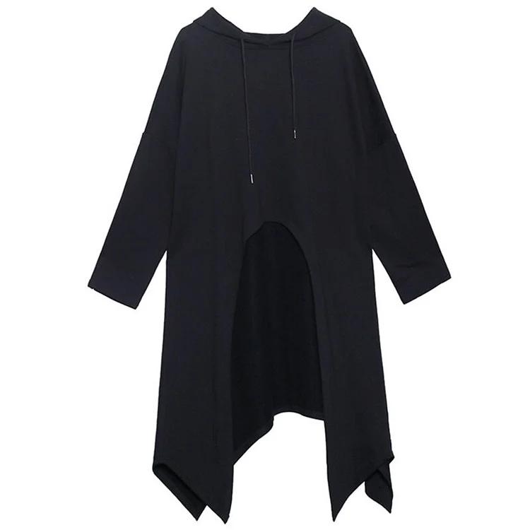 Fashion Loose Black Hooded Long Sleeve Irregular Short Front Long Back Long Sweatshirt     