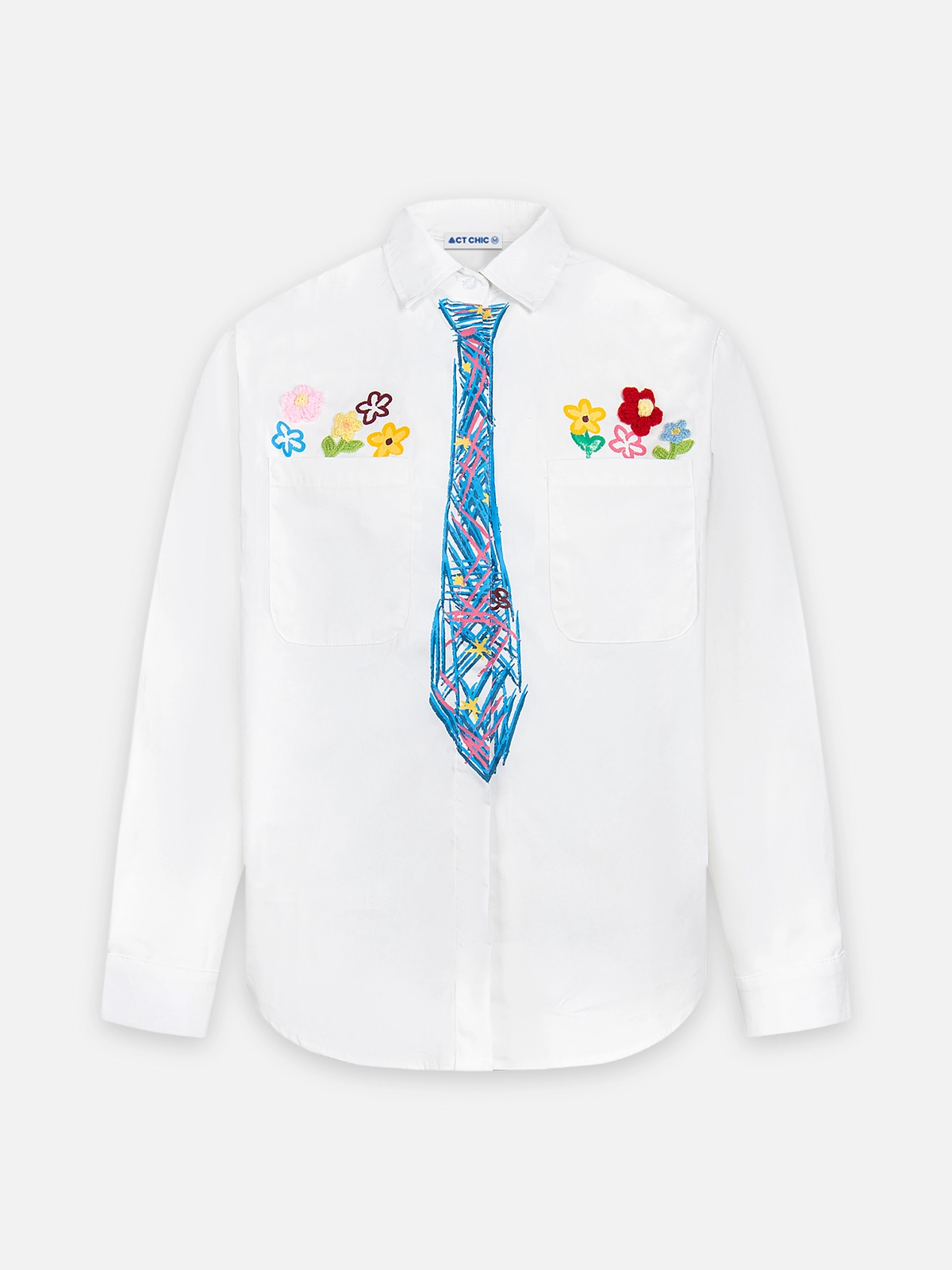 White Preppy 3D Floral Hand-Painted Tie Long Sleeve Shirt Front