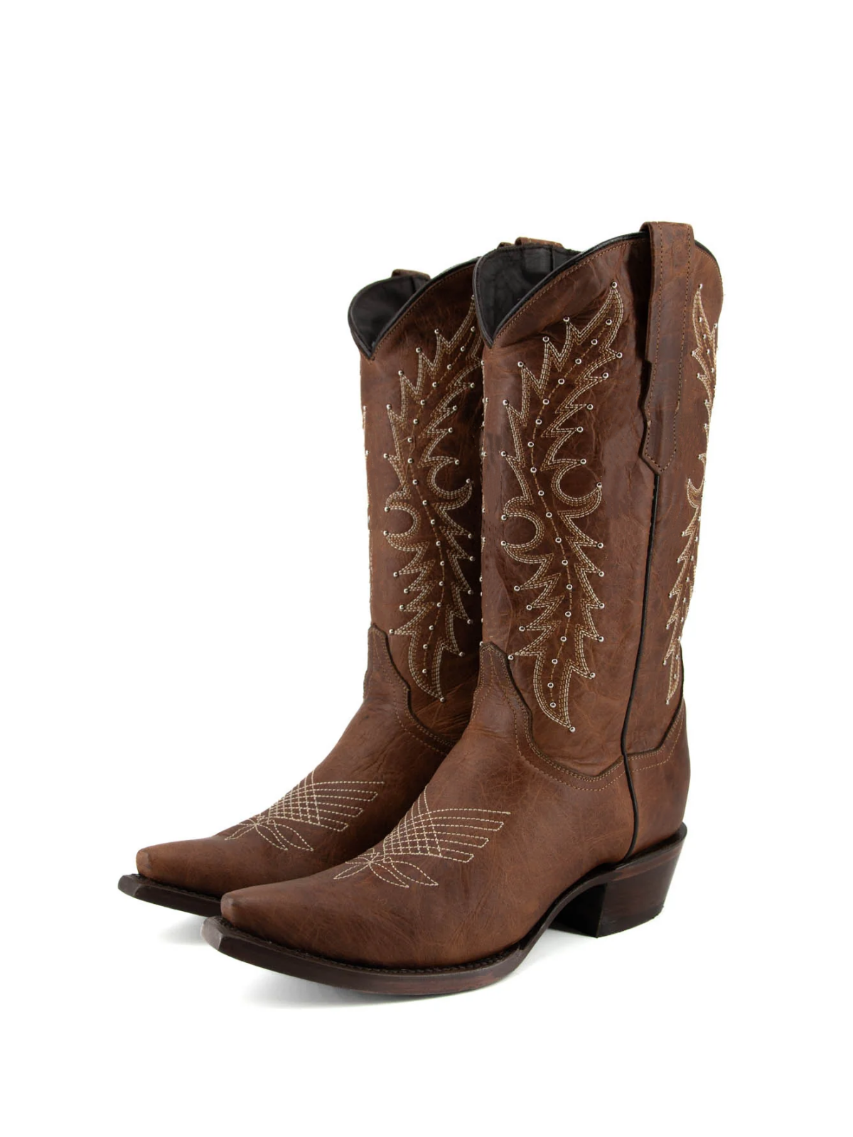 Taafo Brown Embroidery Studded Snip-Toe Wide Mid Calf Cowgirl Tall Boots