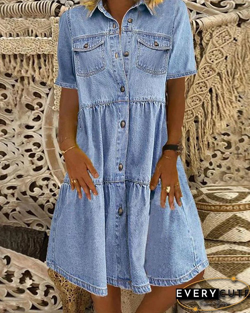 Sky Blue Denim Daily Casual Shirt Collar Short Sleeve Buttoned Pockets A-line Dresses