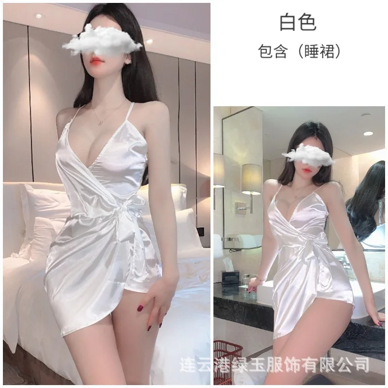 Brownm Green Jade Sexy Pajamas Deep V Tie Folds Slings Ajas Pure Hot Ass Home Suit
