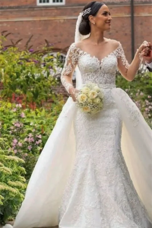 Daisda V-Neck Long Sleeves Lace Mermaid Appliques Wedding Dress with detachable skirt