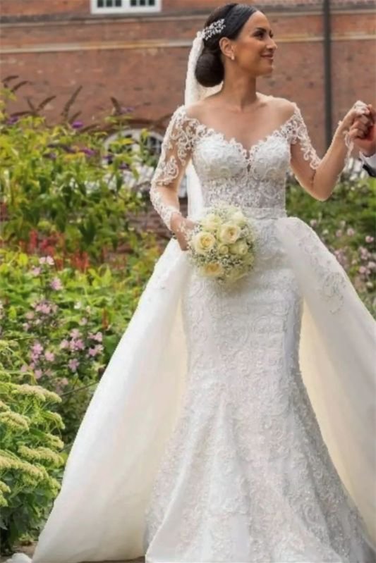 Langärmliges V-Ausschnitt Spitzenapplikationen Meerjungfrau Hochzeitskleid mit abnehmbarem Rock PD0990 Lunass