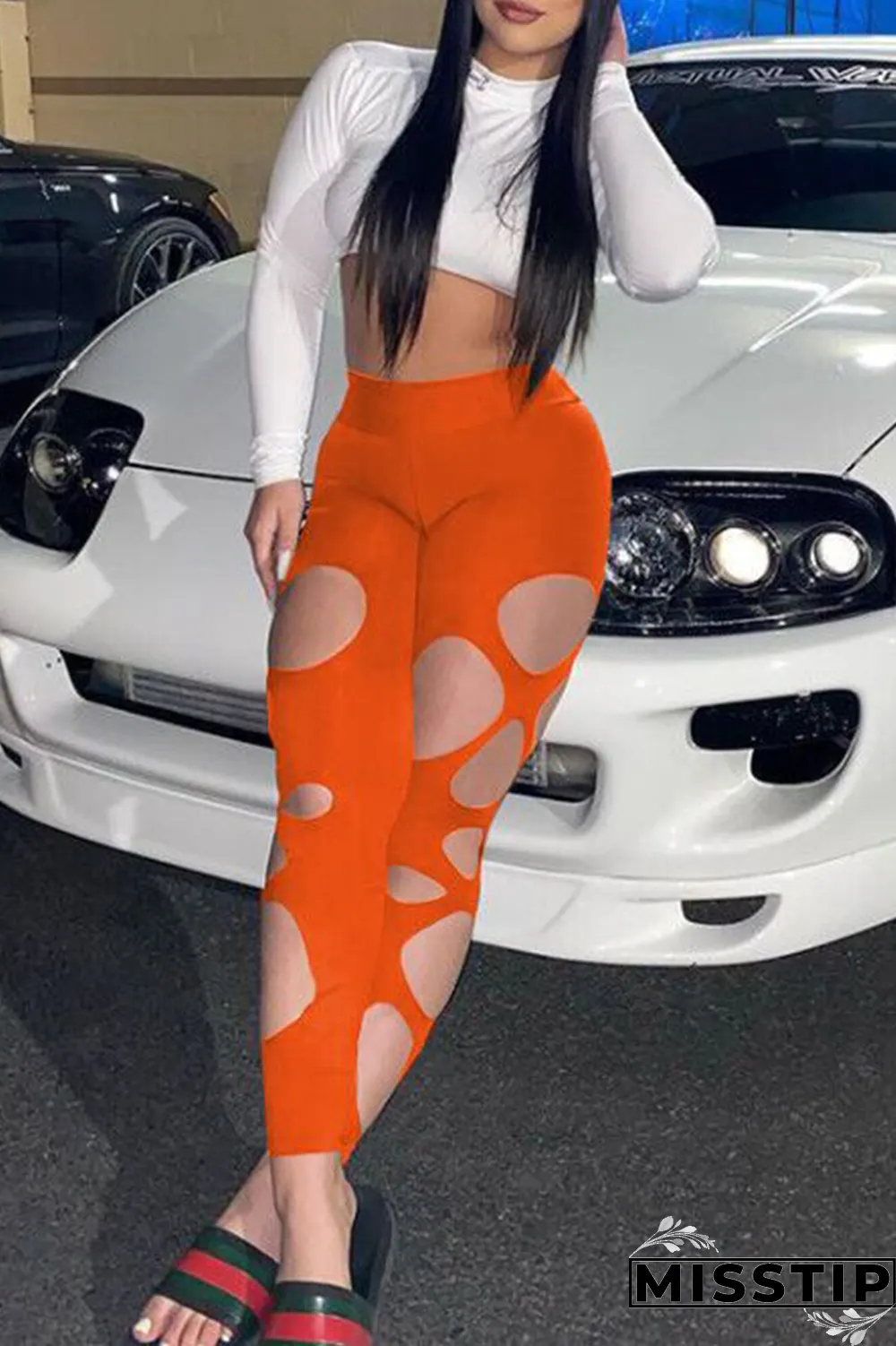 White Sexy Solid Ripped Skinny Mid Waist Pencil Solid Color Bottoms