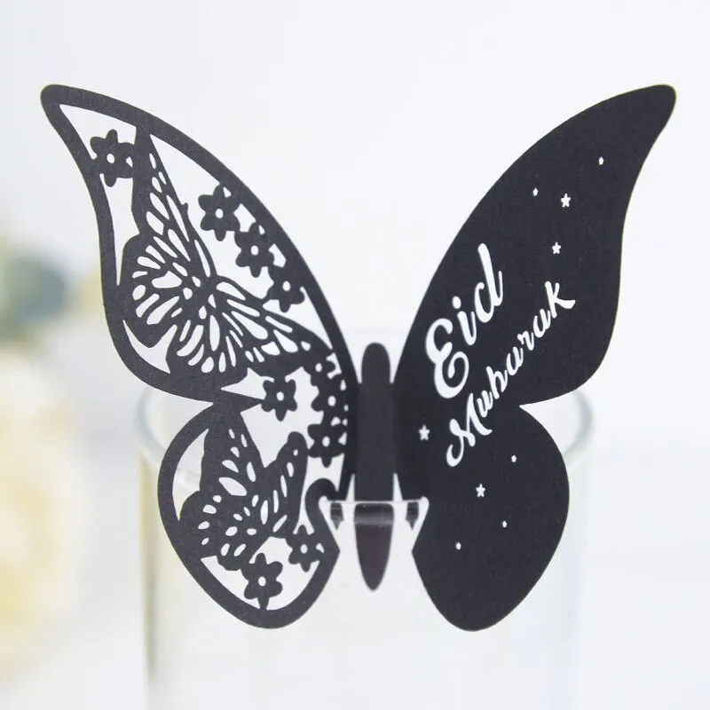20pcs Eid Mubarak Hollow Butterfly Cup Cards Paper Name Place Seats Card Muslim Islamic Party Dessert Cake Decor Ramadan Kareem