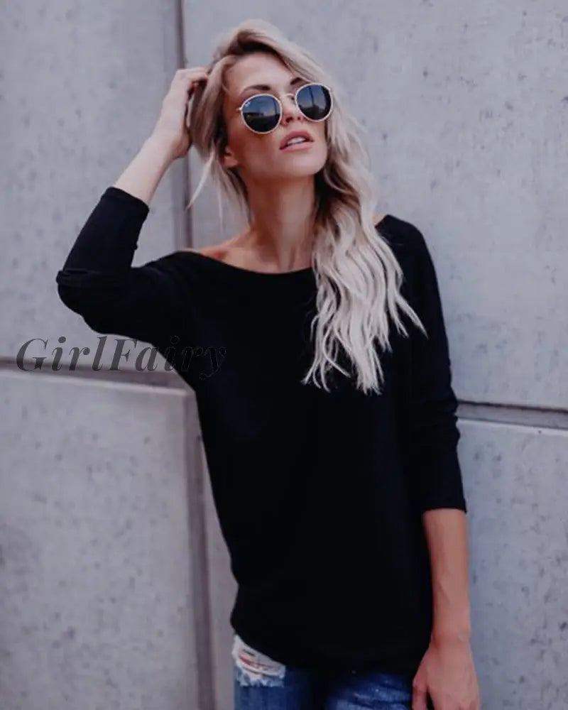 Girlfairy New Womens Fashion T-Shirts Women Open Back Backless Tops Long Sleeve Loose Casual Shirt