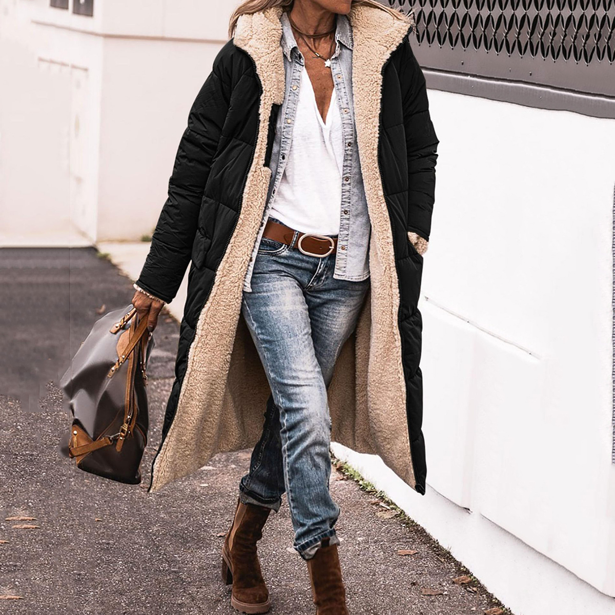 Solid Color Hooded Long-Sleeved Reversible Coat wearshes