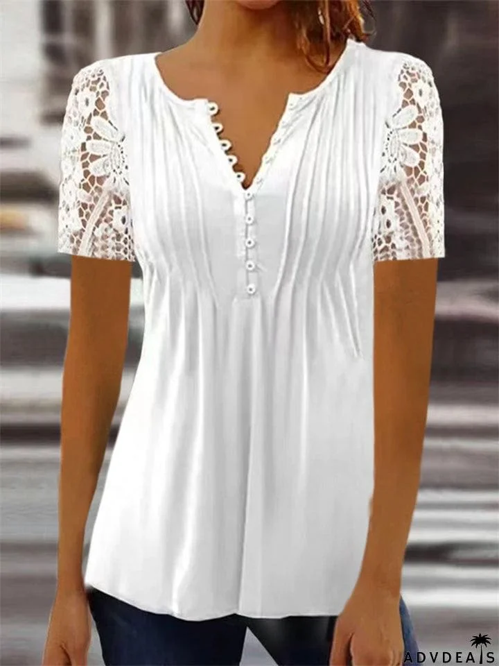 Lace Short Sleeve Button V-Neck Printed Shirt for Women