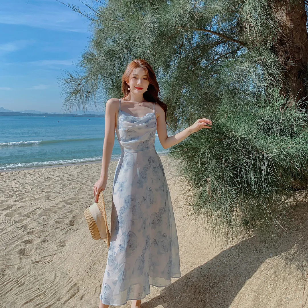 Churchf Churchf Temperament Sexy Dew Back Broken Flower Condole Belt Skirt Female 2024 Summer New Style Dozen Pull Collect Waist Thin Money Chiffon Dress