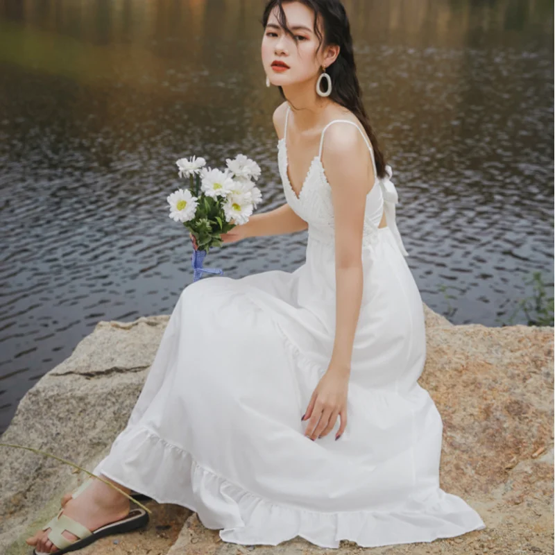 Churchf Churchf Travel Photo Clothes Female Summer Seaside Vacation Beach Dress Super Fairy Temperament Show Back Sling Dress