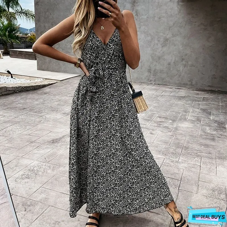 Sexy Wrap Neck Sling Long Dress Spring Floral Print Straps Maxi Party Women Summer