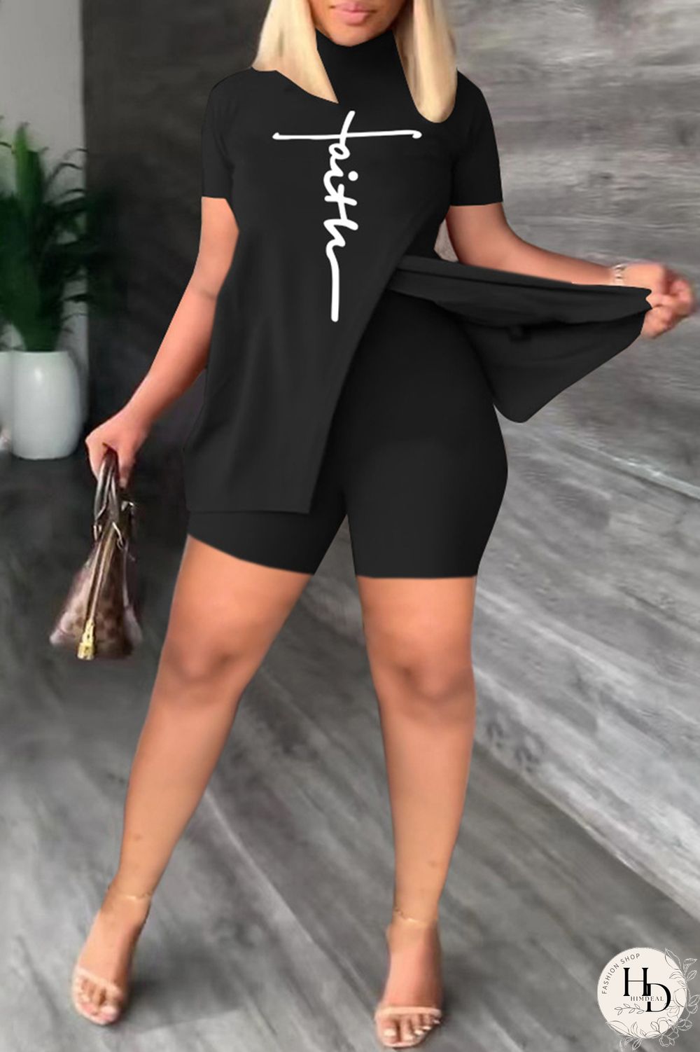 Khaki Casual Print Slit Turtleneck Short Sleeve Two Pieces