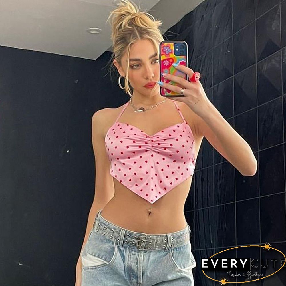 Cute Kawaii Heart Print Crop Top Summer Women Halter Camis Girl Pink Party Club Vest Street Wear Cropped Feminino
