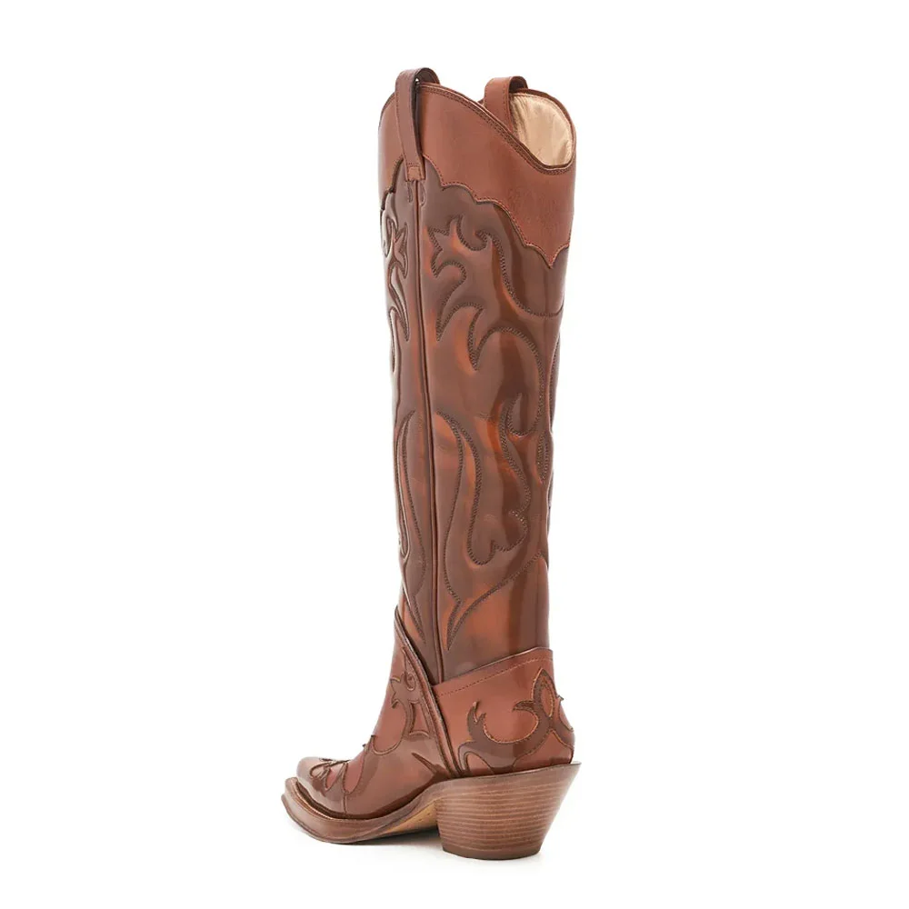 Brown Pointed Toe Chunky Heel Stitching Pull On Cowgirl Boots