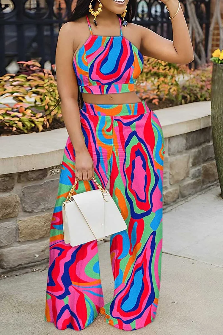Plus Size Rose Red Tie Dye Halter Colorblock Wide Leg Two Piece Pant Sets 