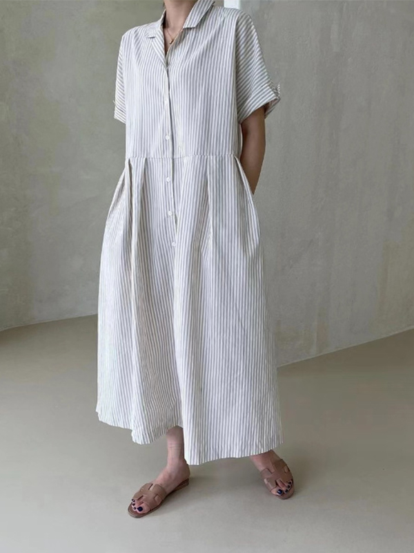 Vertical Stripes Lapel Button Side Pockets Short Sleeve Midi Dress