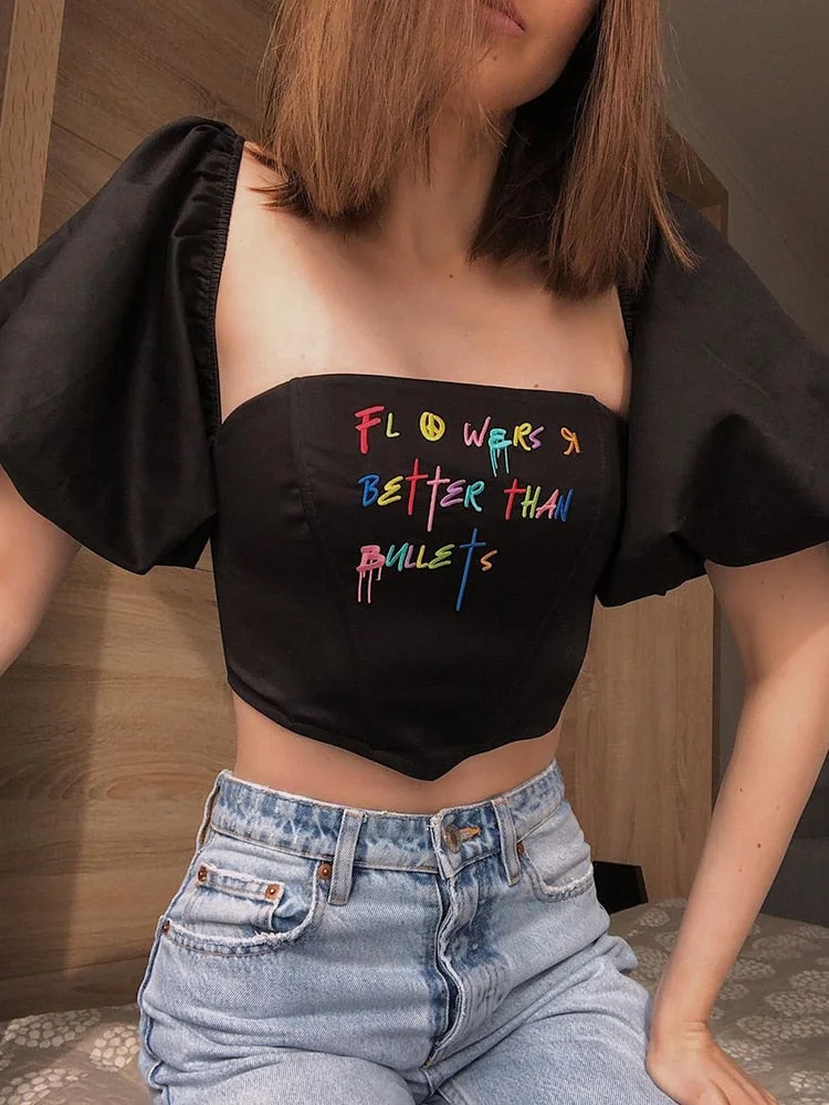 WannaThis Puff Sleeve Crop Tops Women Y2K Square Collar Vintage Embroidery Corset Sexy White Fashion Casual Chic Female Top 2021